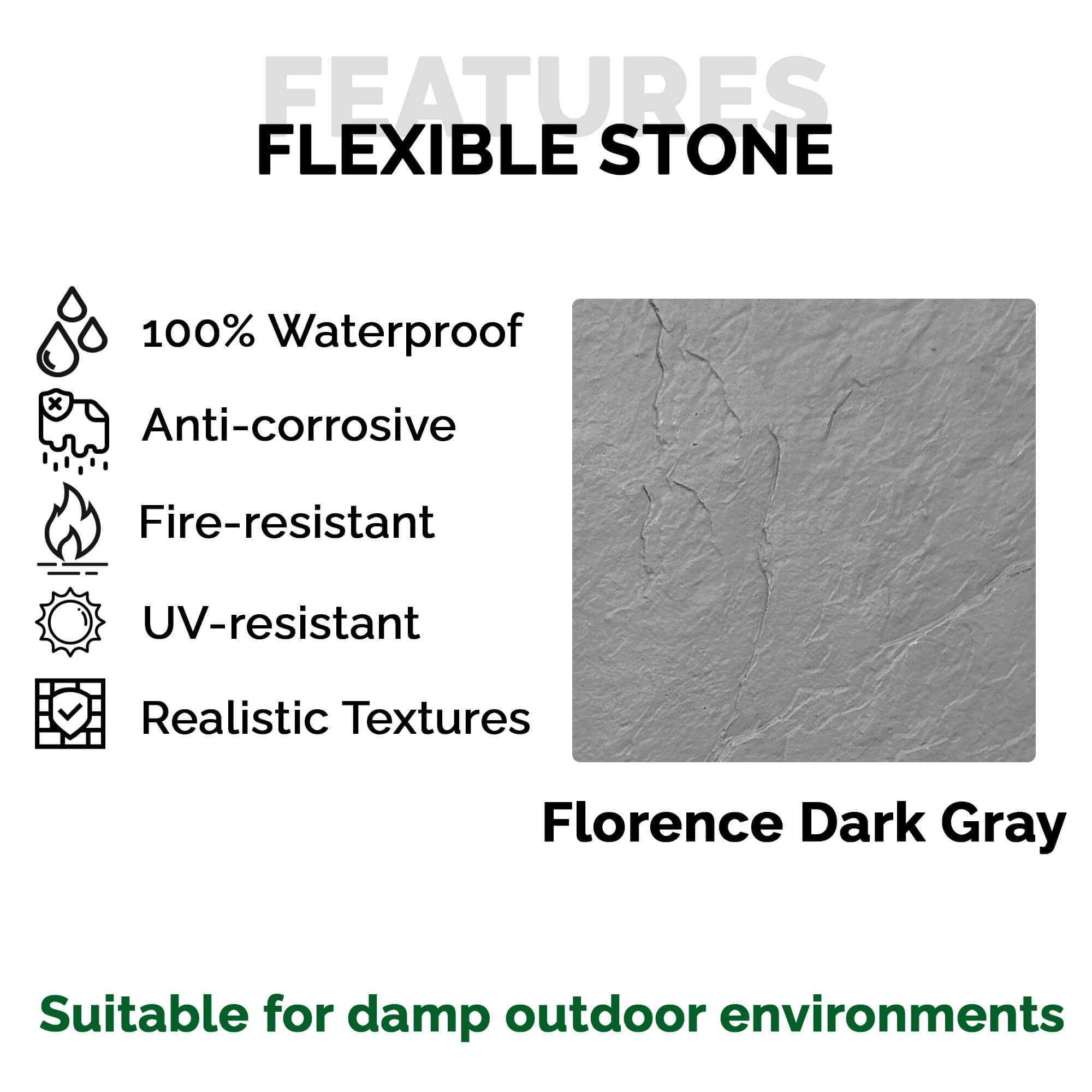 Panel Mural de Piedra Flexible Natural Florence Gris Oscuro 118x58cm - Revestimiento Pared impermeable