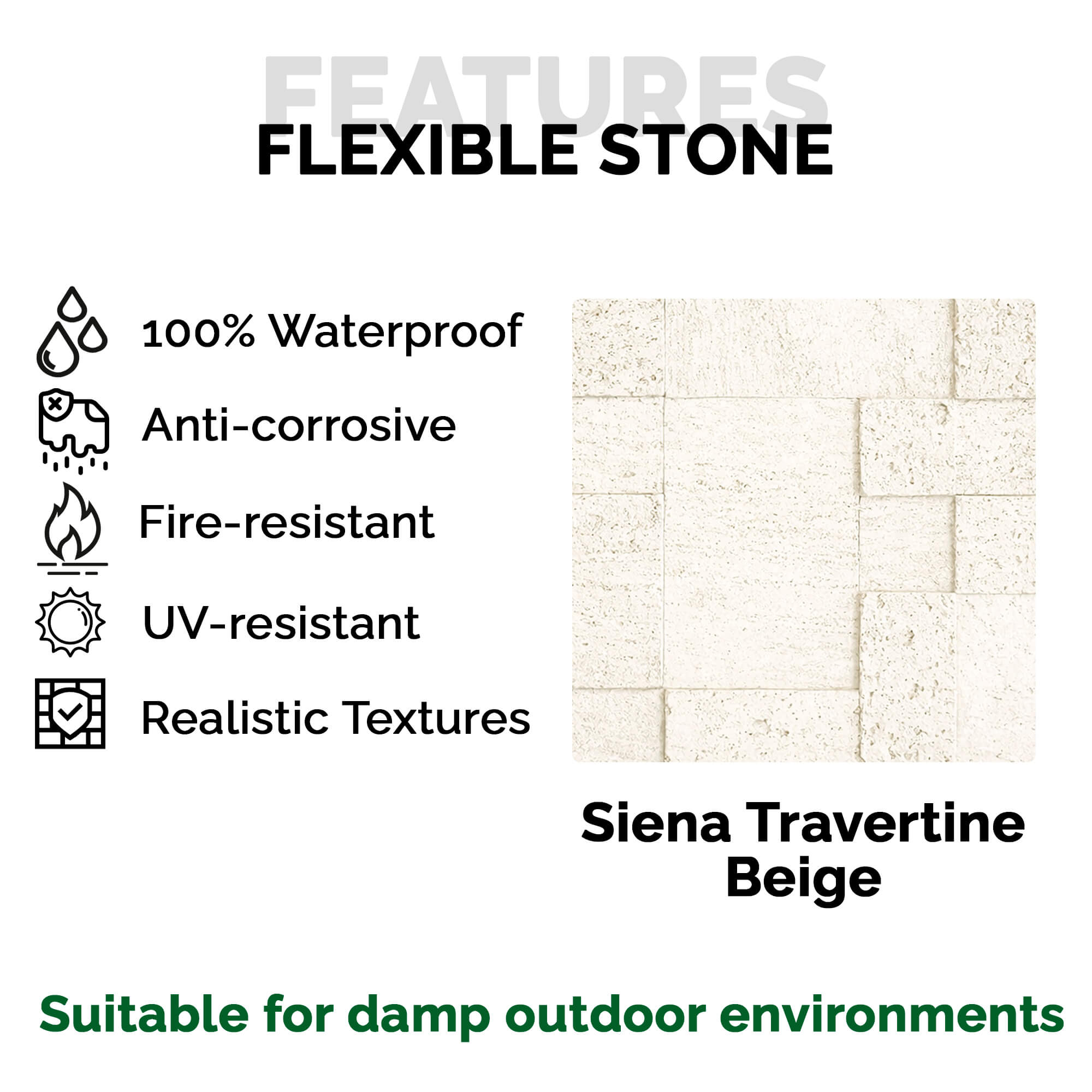 Panel Mural de Piedra Flexible Natural Siena Travertine Beige 120x60cm - Revestimiento Pared impermeable