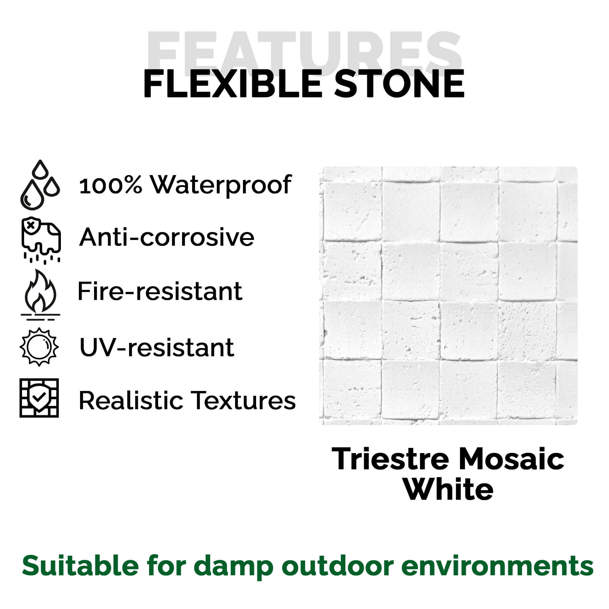 Panel Mural de Piedra Flexible Natural Trieste Mosaic Blanco 118x58cm - Revestimiento Pared impermeable