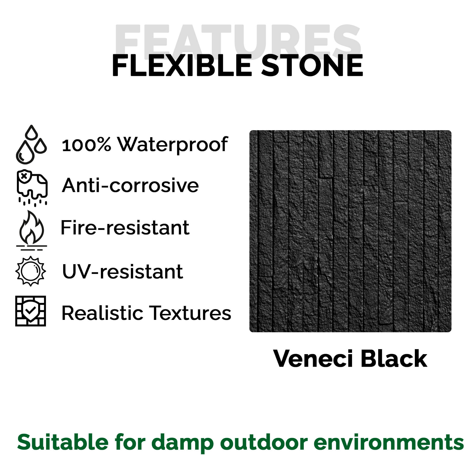 Panel Mural de Piedra Flexible Natural Venecia Negro 120x60cm - Revestimiento Pared impermeable