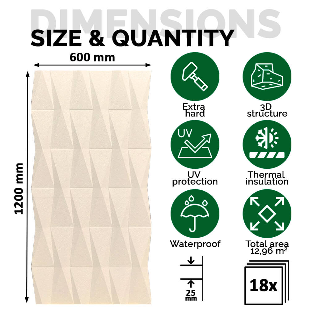 Pack 18 Painéis Parede 3D de Poliuretano Rígido PU HD Geometry Série A Bege 120x60cm - Revestimento Decorativo Interior e Exterior