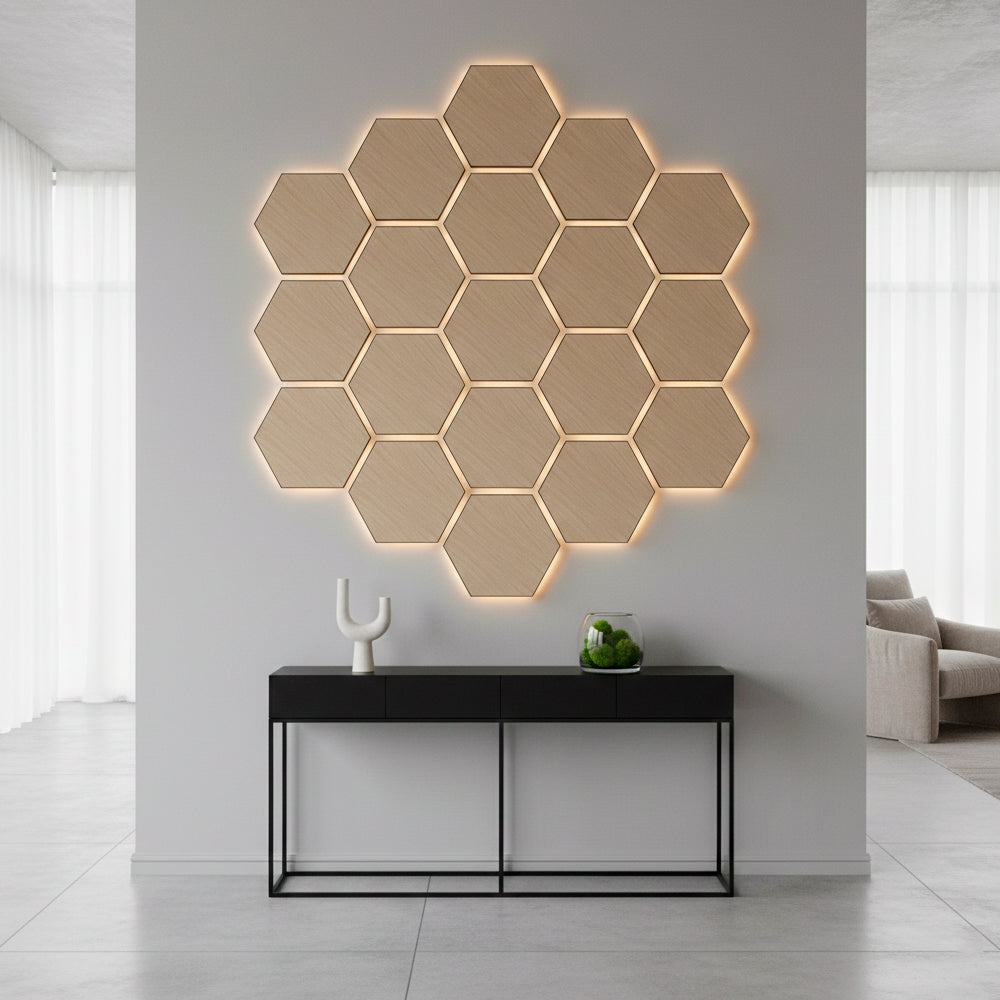 Pack 5 Panel Acústico de Pared Hexagonal Madera Claro - Aarhus 30x30x1cm