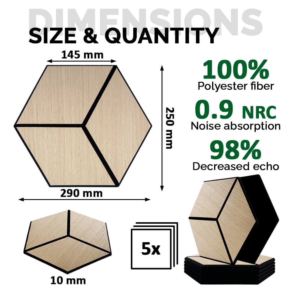Pack 5 Panel Acústico de Pared Hexagonal Madera Natural - Gothenburg 30x30x1cm