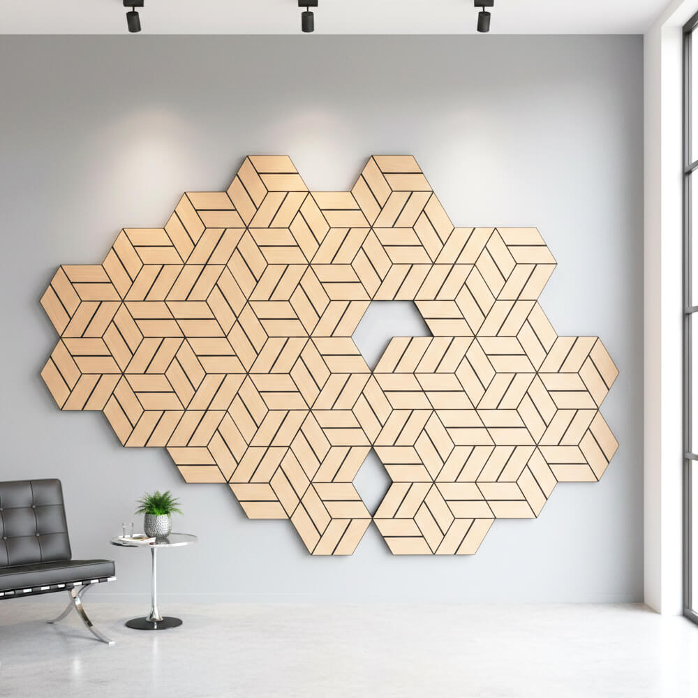 Pack 10 Panel Acústico de Pared Hexagonal Madera Claro - Reykjavik 30x30x1cm