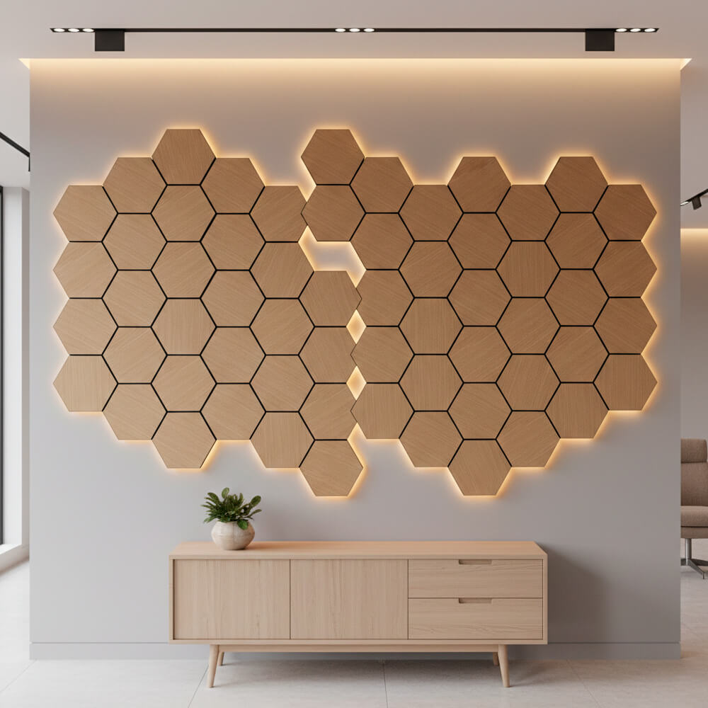 Pack 10 Panel Acústico de Pared Hexagonal Madera Natural - Turku 30x30x1cm