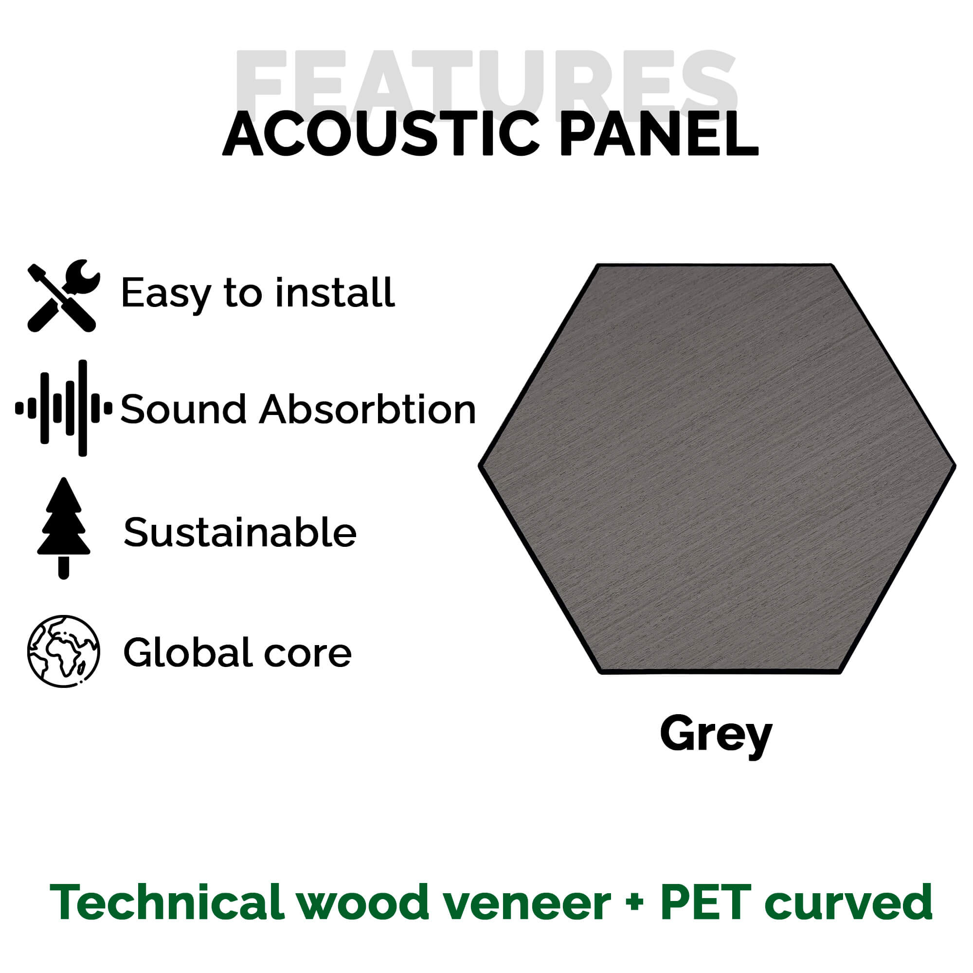 Pack 10 Panel Acústico de Pared Hexagonal Madera Gris - Bergen Grey 30x30x1cm
