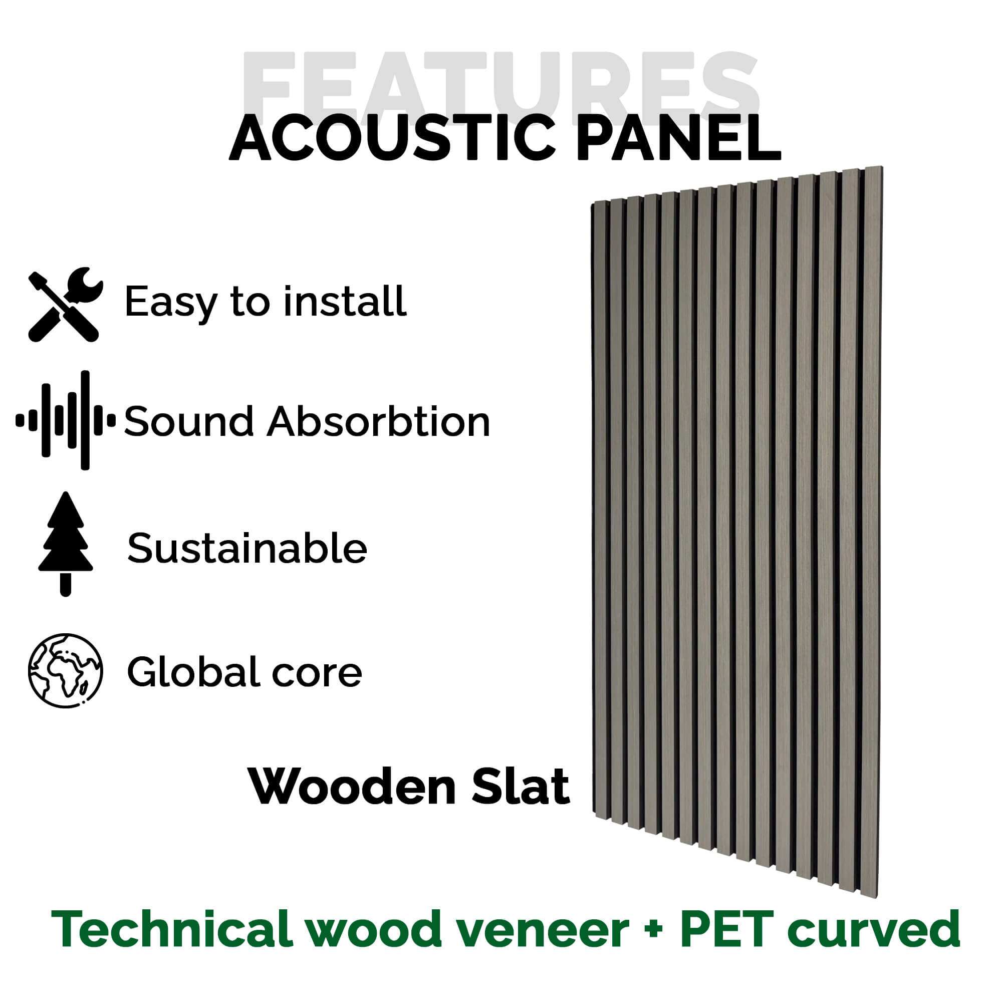 Panel Acústico de Pared Rectangular Madera Gris - Nordic 120x60x2cm