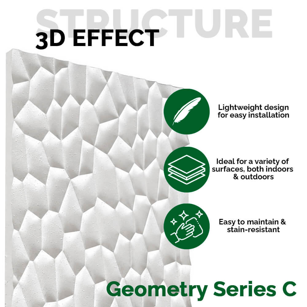 Painel Parede 3D de Poliuretano Rígido PU HD Geometry Série C Branco 120x60cm - Revestimento Decorativo Interior e Exterior
