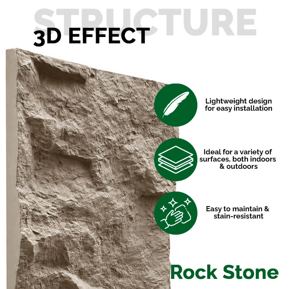 Painel Parede 3D de Poliuretano Rígido PU HD Rock Stone Castanho 120x60cm - Revestimento Decorativo Interior e Exterior