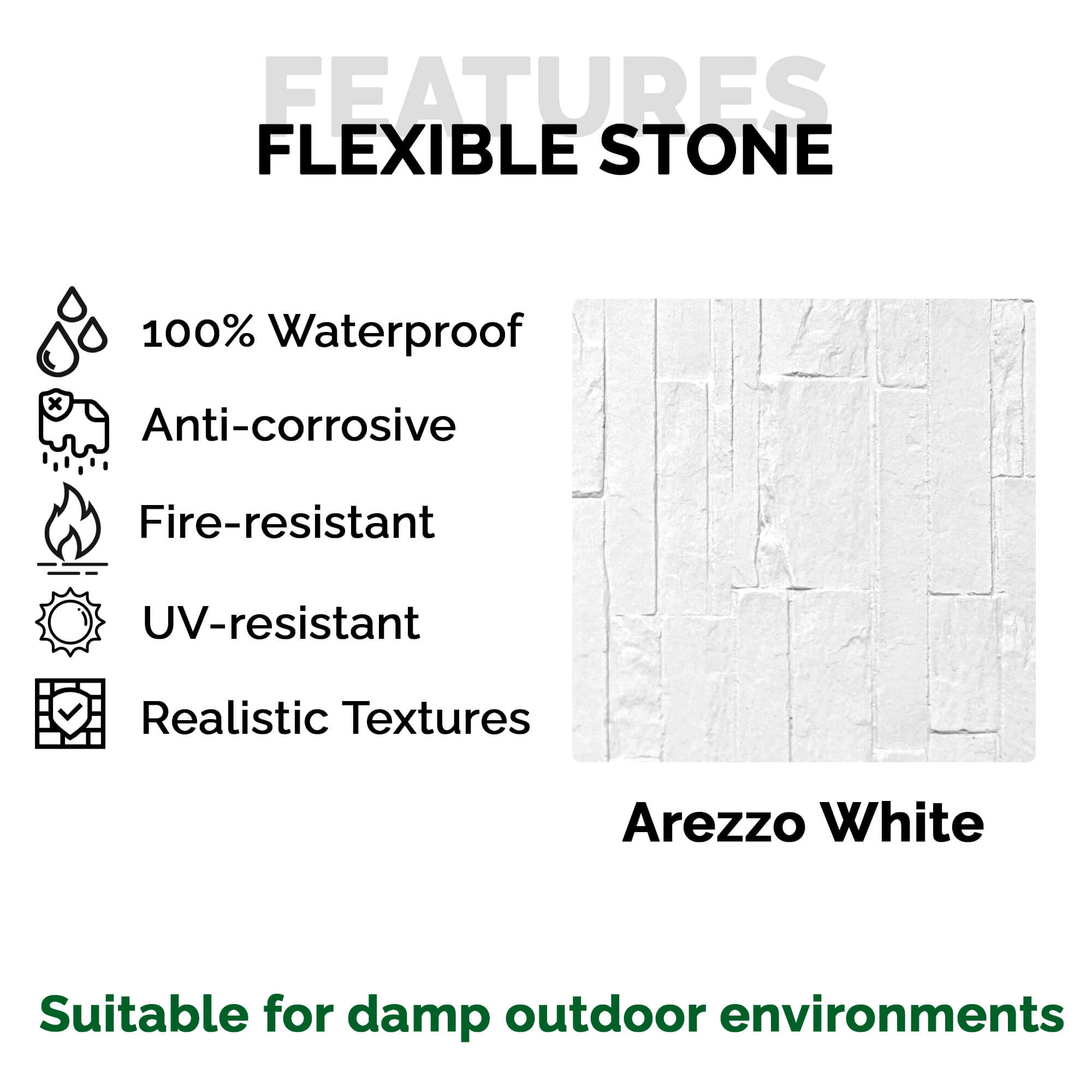 Panel Mural de Piedra Flexible Natural Arezzo Blanco 120x60cm - Revestimiento Pared impermeable