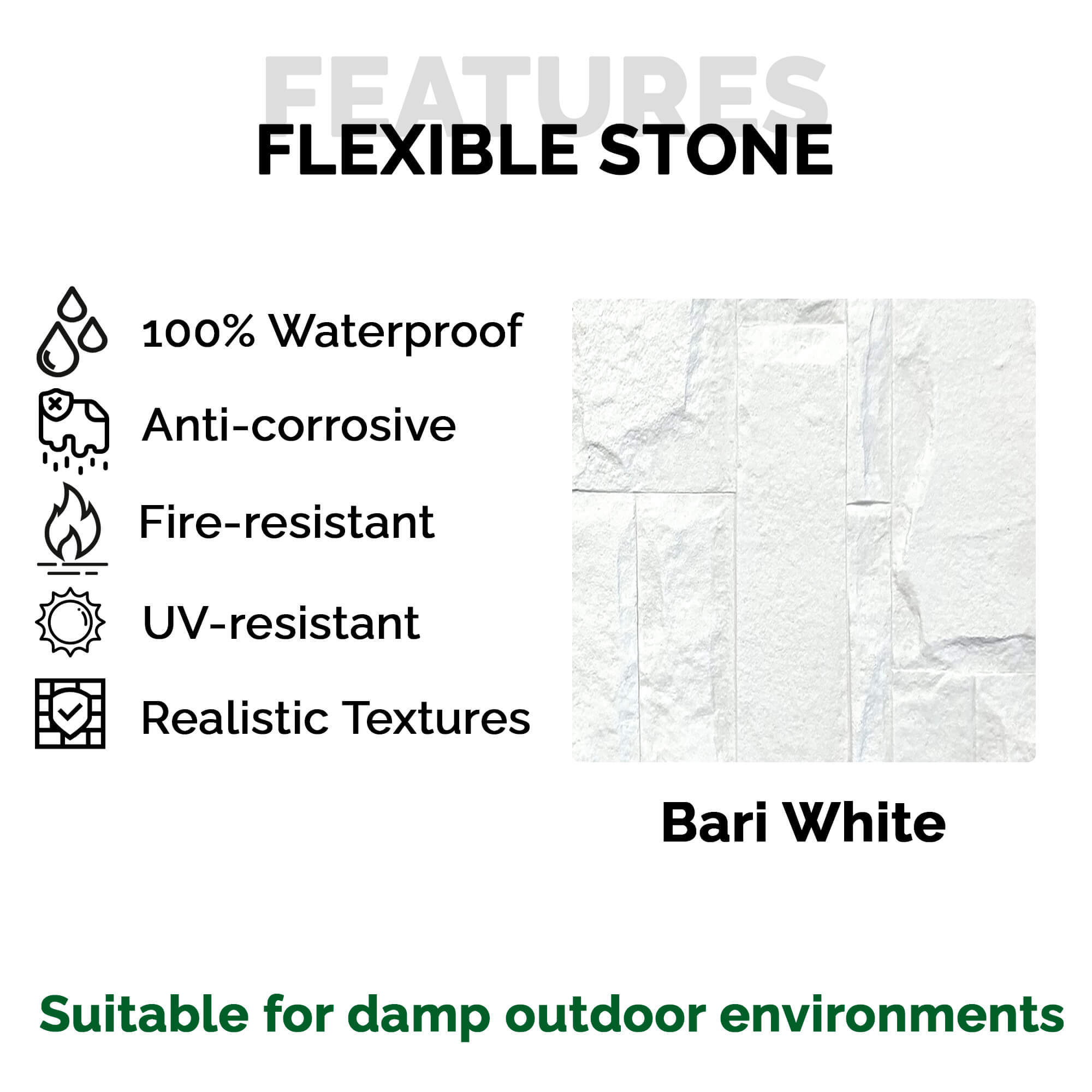 Panel Mural de Piedra Flexible Natural Bari Blanco 120x60cm - Revestimiento Pared impermeable