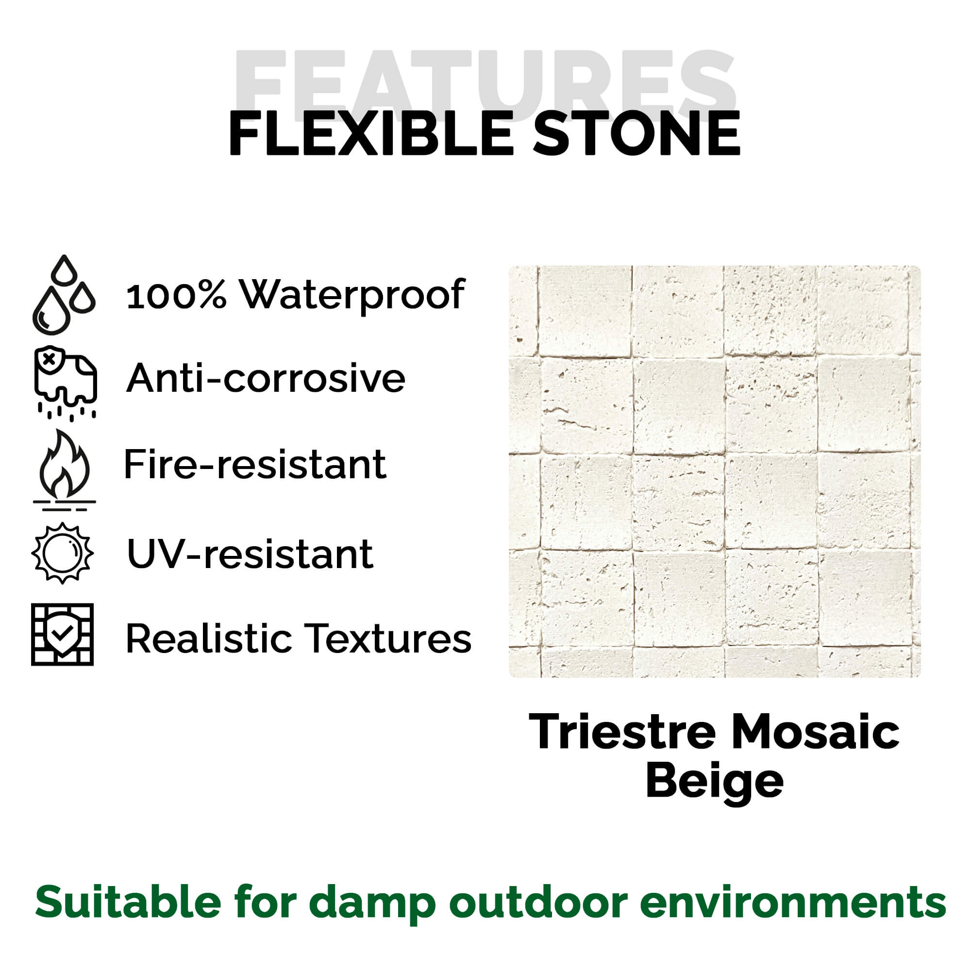Panel Mural de Piedra Flexible Natural Trieste Mosaic Beige 118x58cm - Revestimiento Pared impermeable