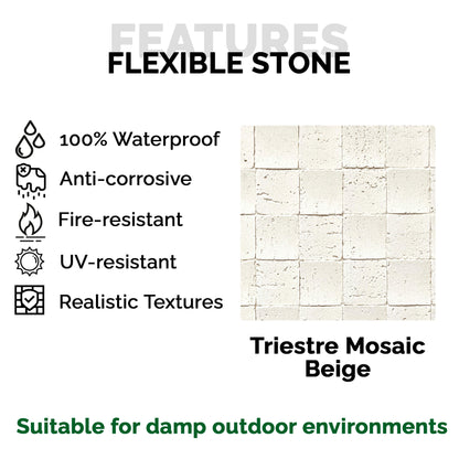 Panel Mural de Piedra Flexible Natural Trieste Mosaic Beige 118x58cm - Revestimiento Pared impermeable