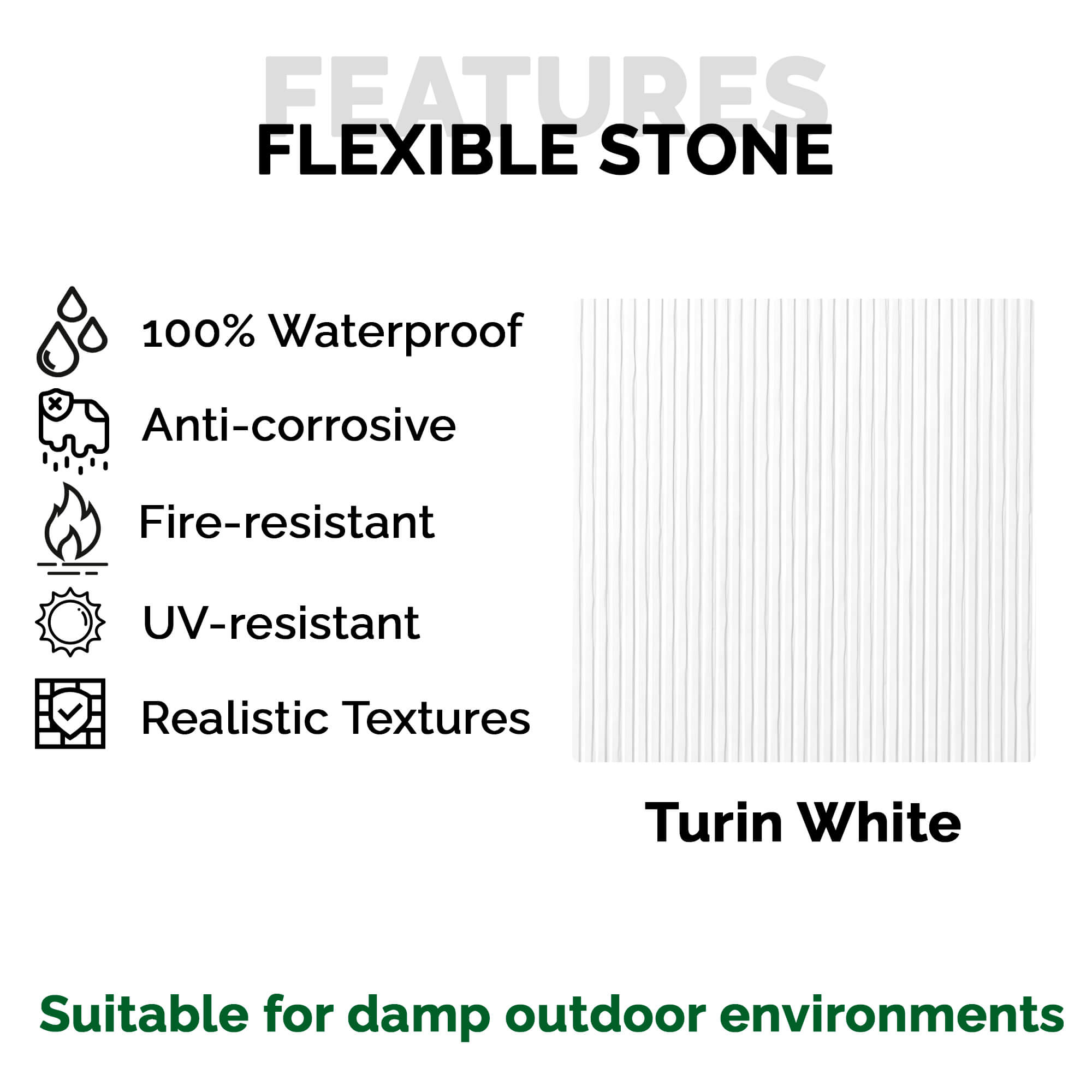 Panel Mural de Piedra Flexible Natural Turin White 120x60cm - Revestimiento Pared impermeable