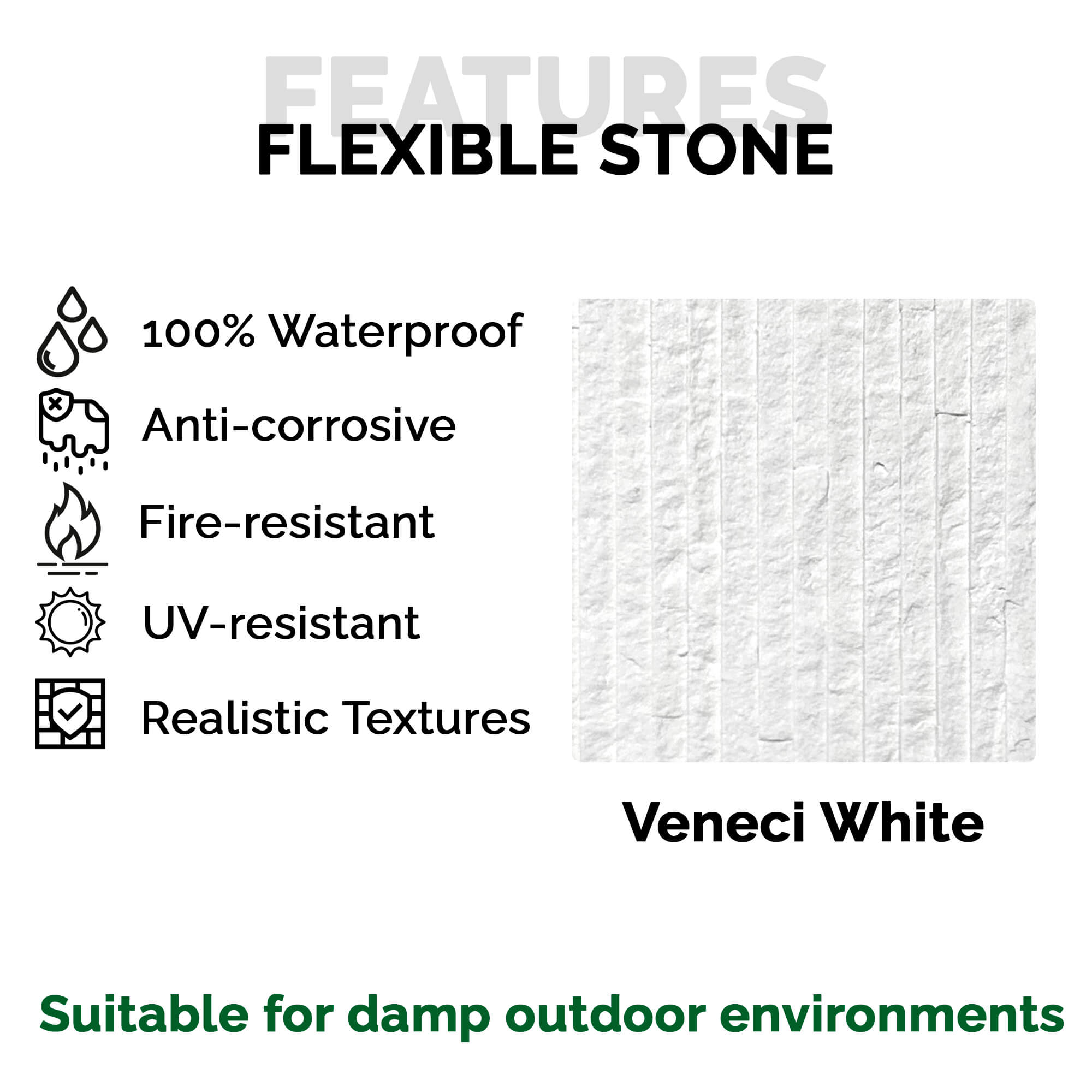 Panel Mural de Piedra Flexible Natural Venecia Blanco 120x60cm - Revestimiento Pared impermeable