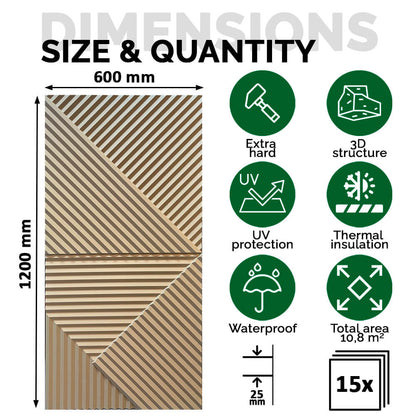 Pack 15 Painéis Parede 3D de Poliuretano Rígido PU HD Geometry Série B Magnolia 120x60cm - Revestimento Decorativo Interior e Exterior