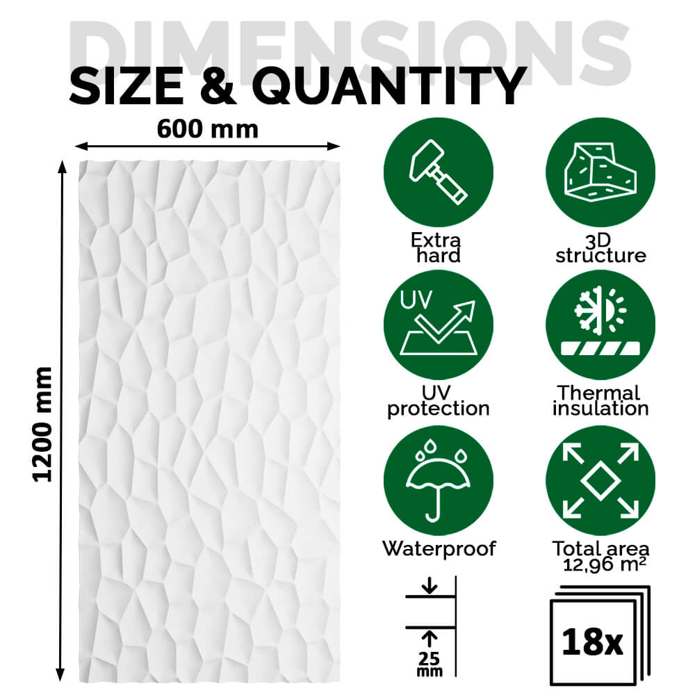 Pack 18 Painéis Parede 3D de Poliuretano Rígido PU HD Geometry Série C Branco 120x60cm - Revestimento Decorativo Interior e Exterior