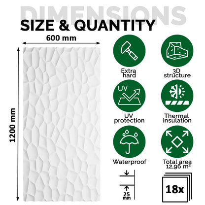 Pack 18 Painéis Parede 3D de Poliuretano Rígido PU HD Geometry Série C Branco 120x60cm - Revestimento Decorativo Interior e Exterior