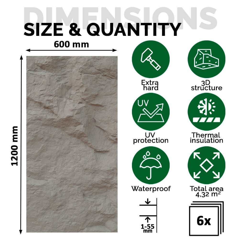 Pack 6 Painéis Parede 3D de Poliuretano Rígido PU HD Rock Stone Castanho 120x60cm - Revestimento Decorativo Interior e Exterior