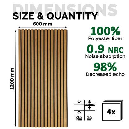 Pack 4 Panel Acústico de Pared Rectangular Roble Natural - Calm 120x60x2cm