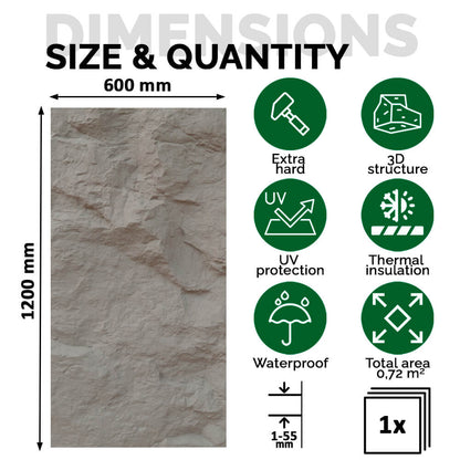 Painel Parede 3D de Poliuretano Rígido PU HD Rock Stone Castanho 120x60cm - Revestimento Decorativo Interior e Exterior