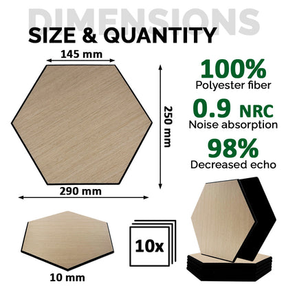 Pack 10 Panel Acústico de Pared Hexagonal Madera Claro - Aarhus 30x30x1cm