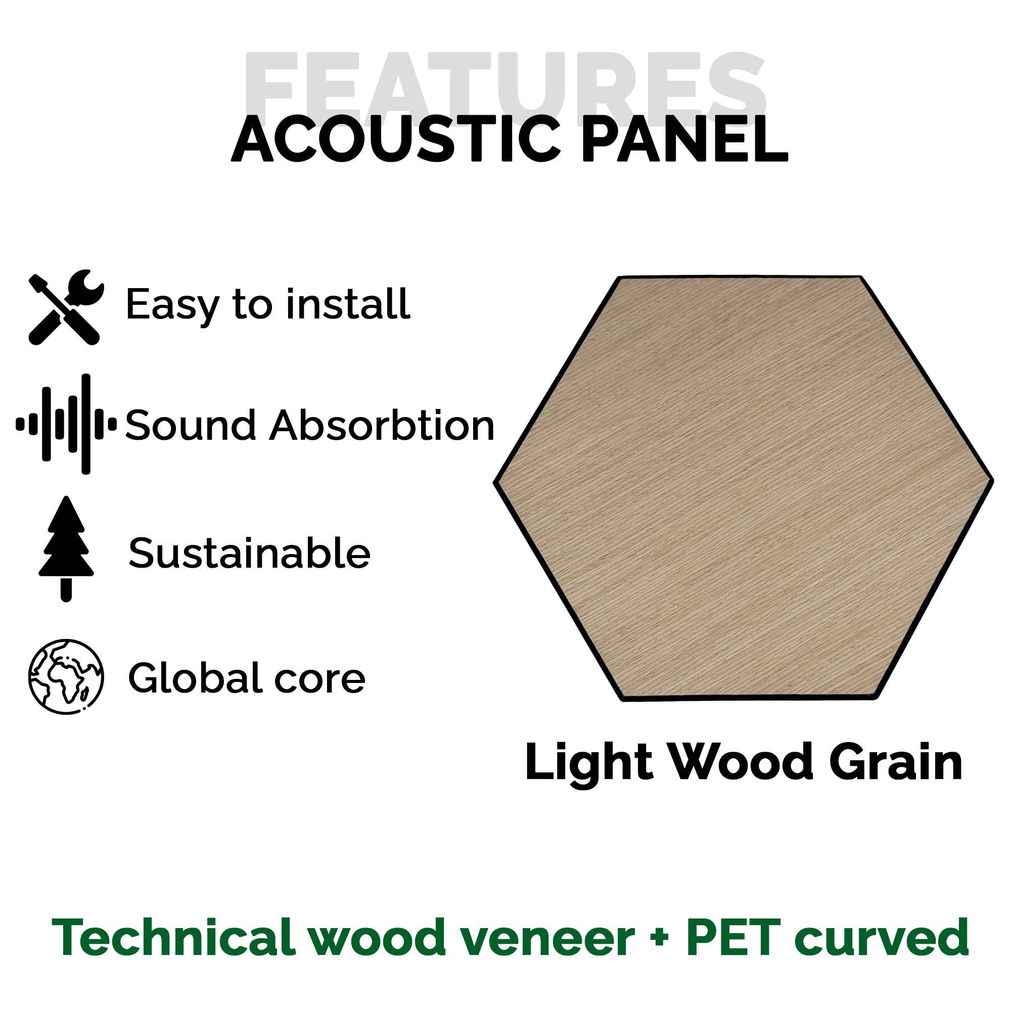 Pack 10 Panel Acústico de Pared Hexagonal Madera Claro - Aarhus 30x30x1cm