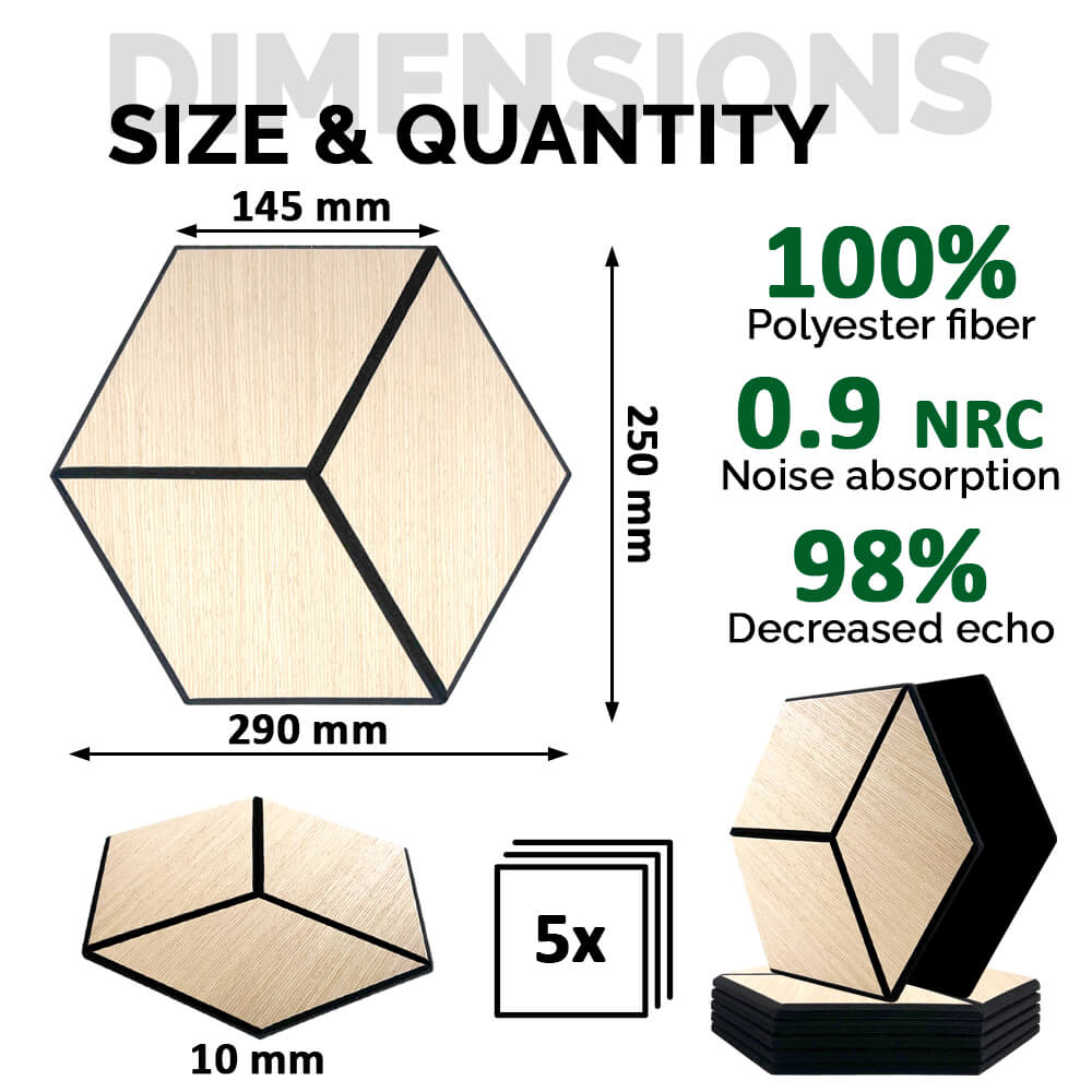 Pack 5 Panel Acústico de Pared Hexagonal Madera Claro - Helsinki 30x30x1cm