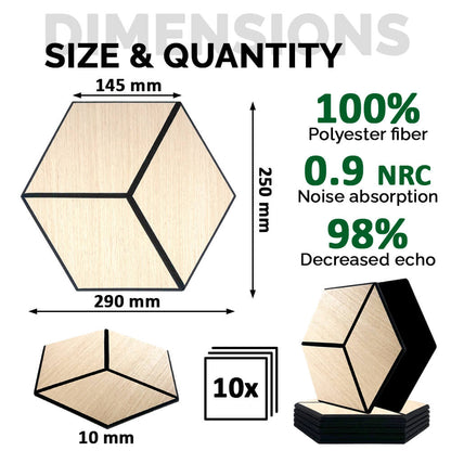 Pack 10 Panel Acústico de Pared Hexagonal Madera Claro - Helsinki 30x30x1cm