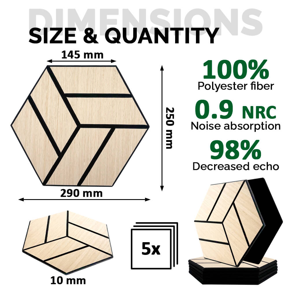 Pack 5 Panel Acústico de Pared Hexagonal Madera Claro - Reykjavik 30x30x1cm