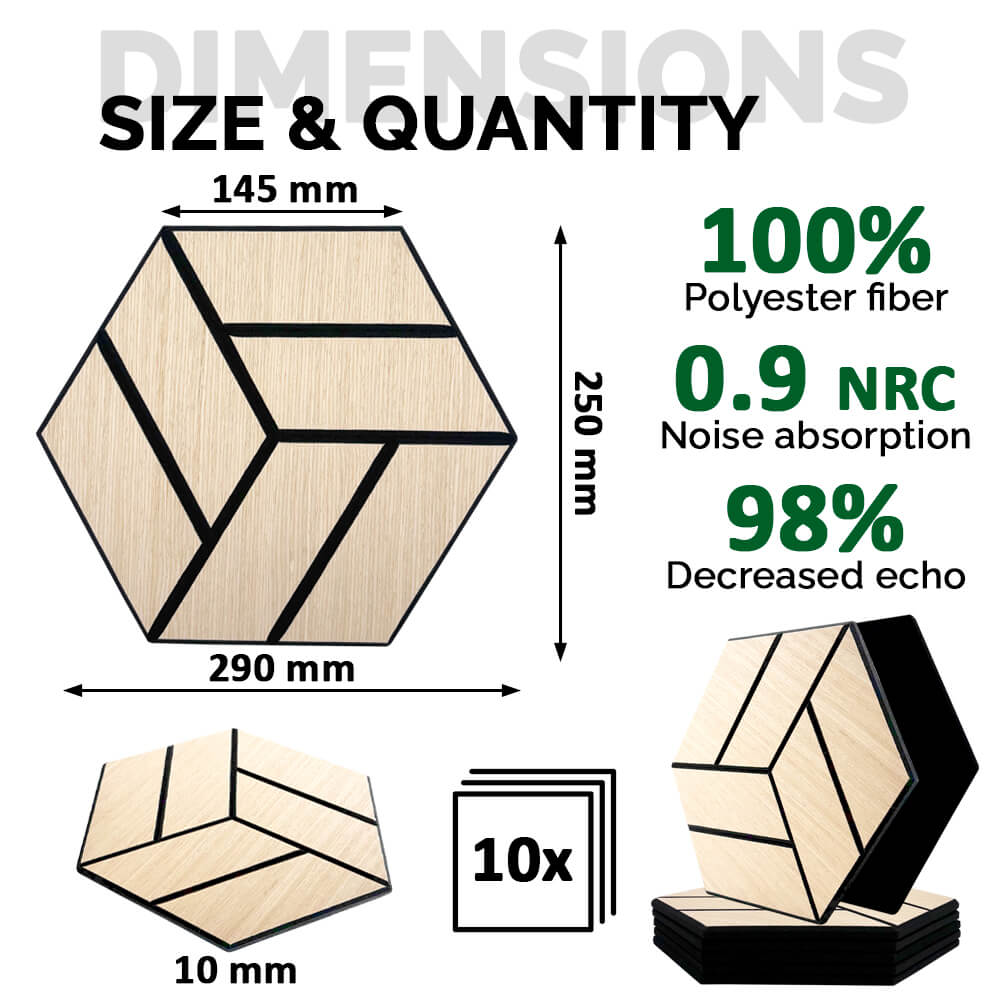 Pack 10 Panel Acústico de Pared Hexagonal Madera Claro - Reykjavik 30x30x1cm