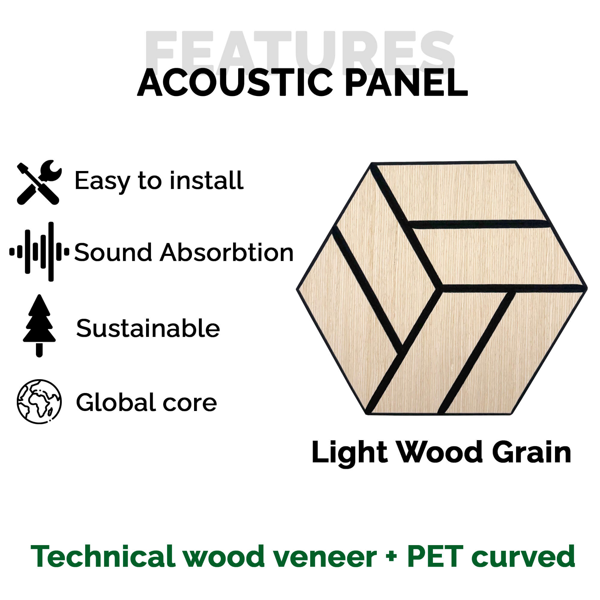 Pack 10 Panel Acústico de Pared Hexagonal Madera Claro - Reykjavik 30x30x1cm