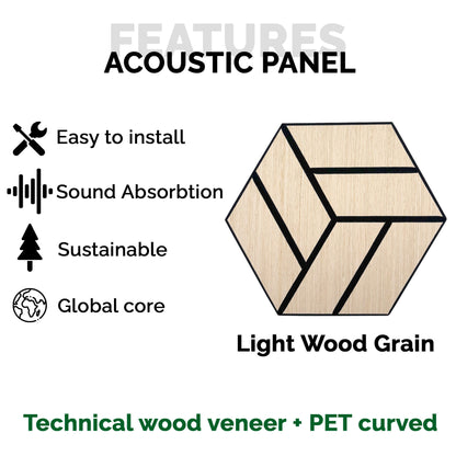 Pack 10 Panel Acústico de Pared Hexagonal Madera Claro - Reykjavik 30x30x1cm