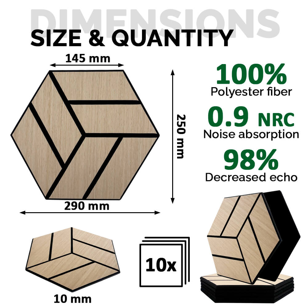 Pack 10 Panel Acústico de Pared Hexagonal Madera Natural - Stavanger 30x30x1cm