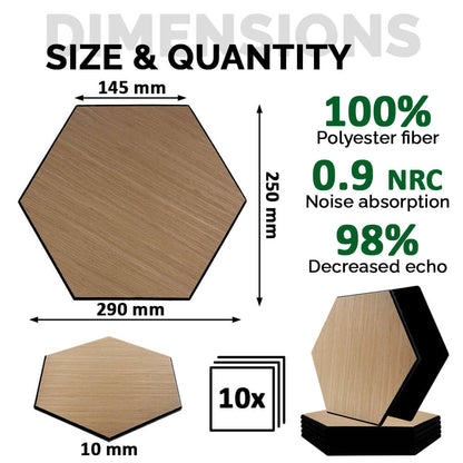 Pack 10 Panel Acústico de Pared Hexagonal Madera Natural - Turku 30x30x1cm