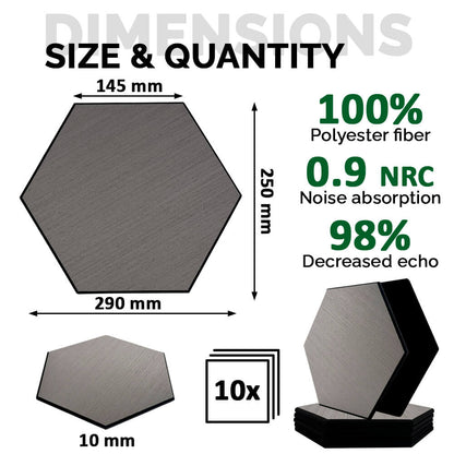 Pack 10 Panel Acústico de Pared Hexagonal Madera Gris - Bergen Grey 30x30x1cm