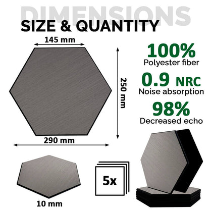 Pack 5 Panel Acústico de Pared Hexagonal Madera Gris - Bergen Grey 30x30x1cm