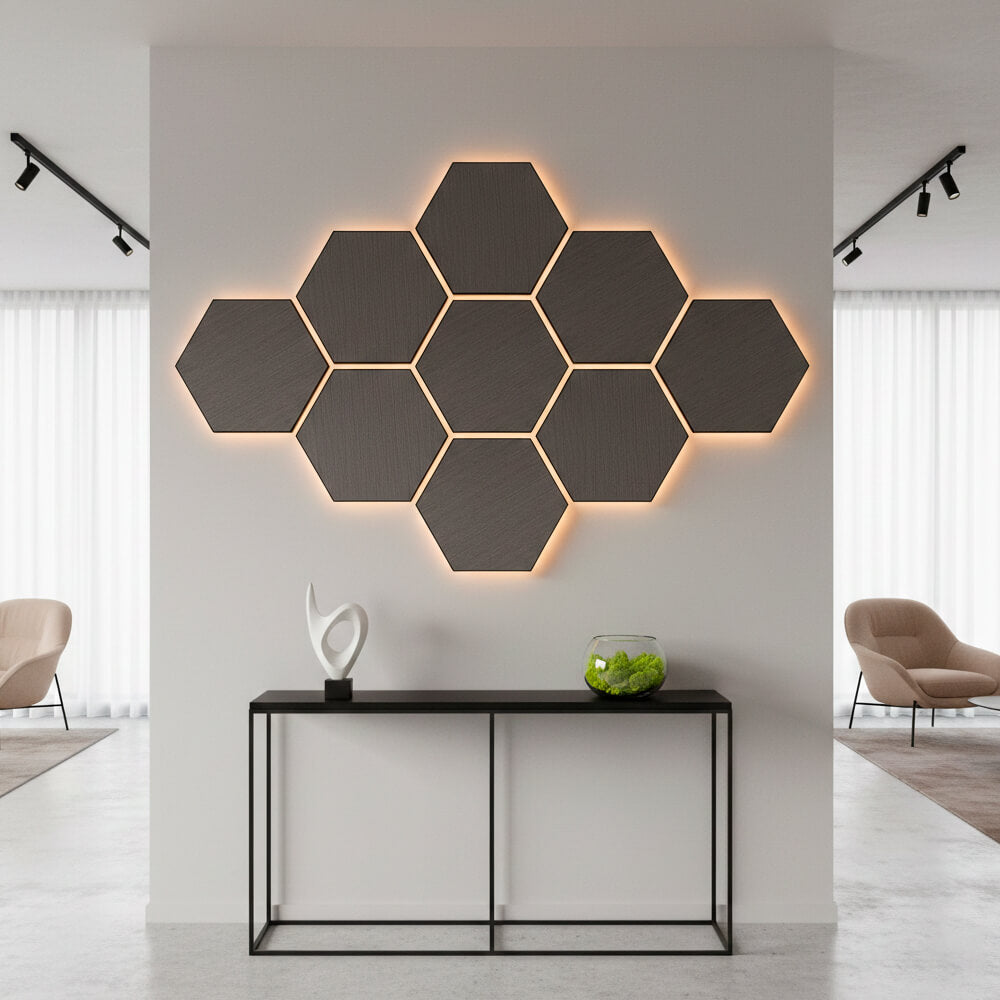 Pack 10 Panel Acústico de Pared Hexagonal Madera Gris - Bergen Grey 30x30x1cm