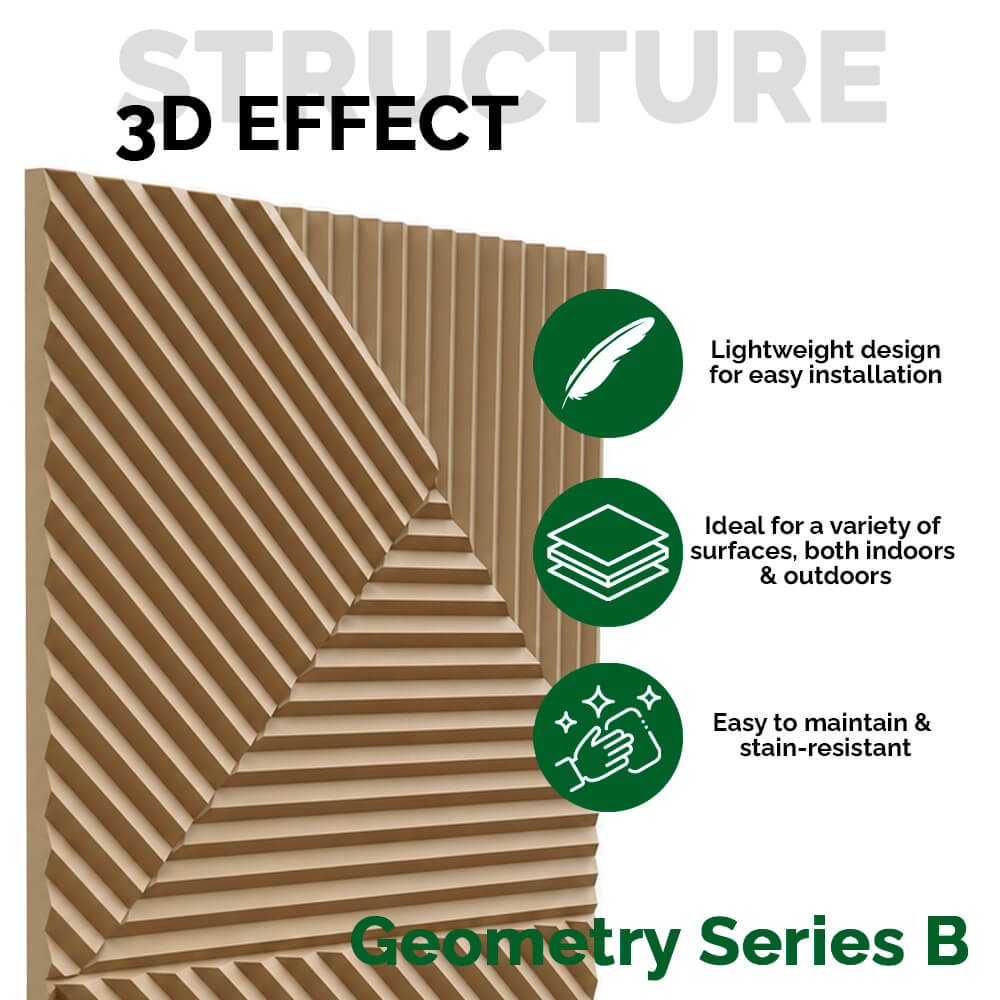 Pack 15 Painéis Parede 3D de Poliuretano Rígido PU HD Geometry Série B Magnolia 120x60cm - Revestimento Decorativo Interior e Exterior