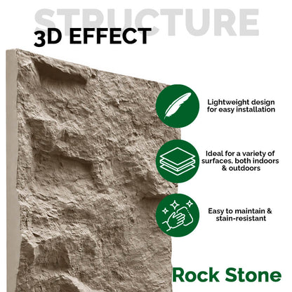 Pack 6 Painéis Parede 3D de Poliuretano Rígido PU HD Rock Stone Castanho 120x60cm - Revestimento Decorativo Interior e Exterior