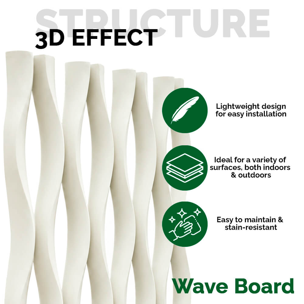 Pack 10 Painéis Parede 3D de Poliuretano Rígido PU HD Wave Board Bege 120x60cm - Revestimento Decorativo Interior e Exterior